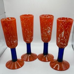 Hand Blown Murano Style Art Glass Orange and Colbalt Blue Glass Champagne Flutes
